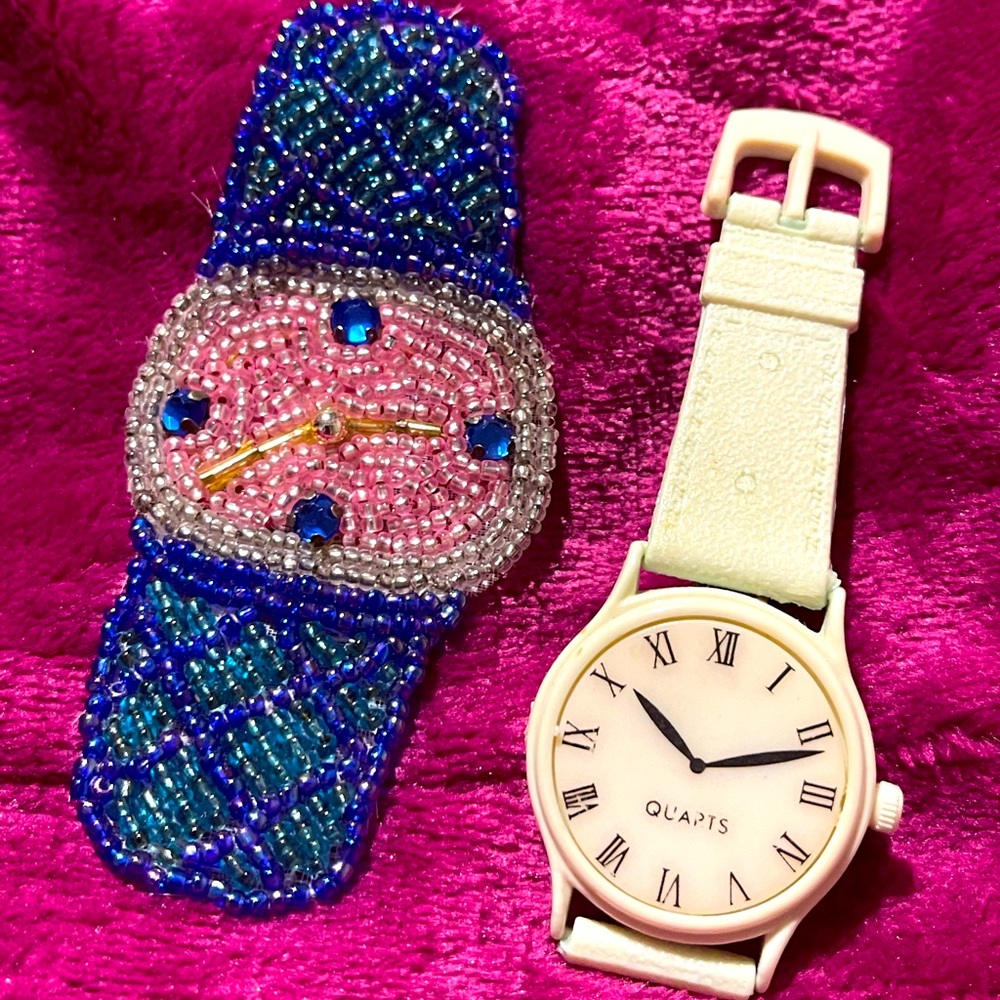 Novelty watches: hair barrette & beaded appliqué Set of 2 Vintage